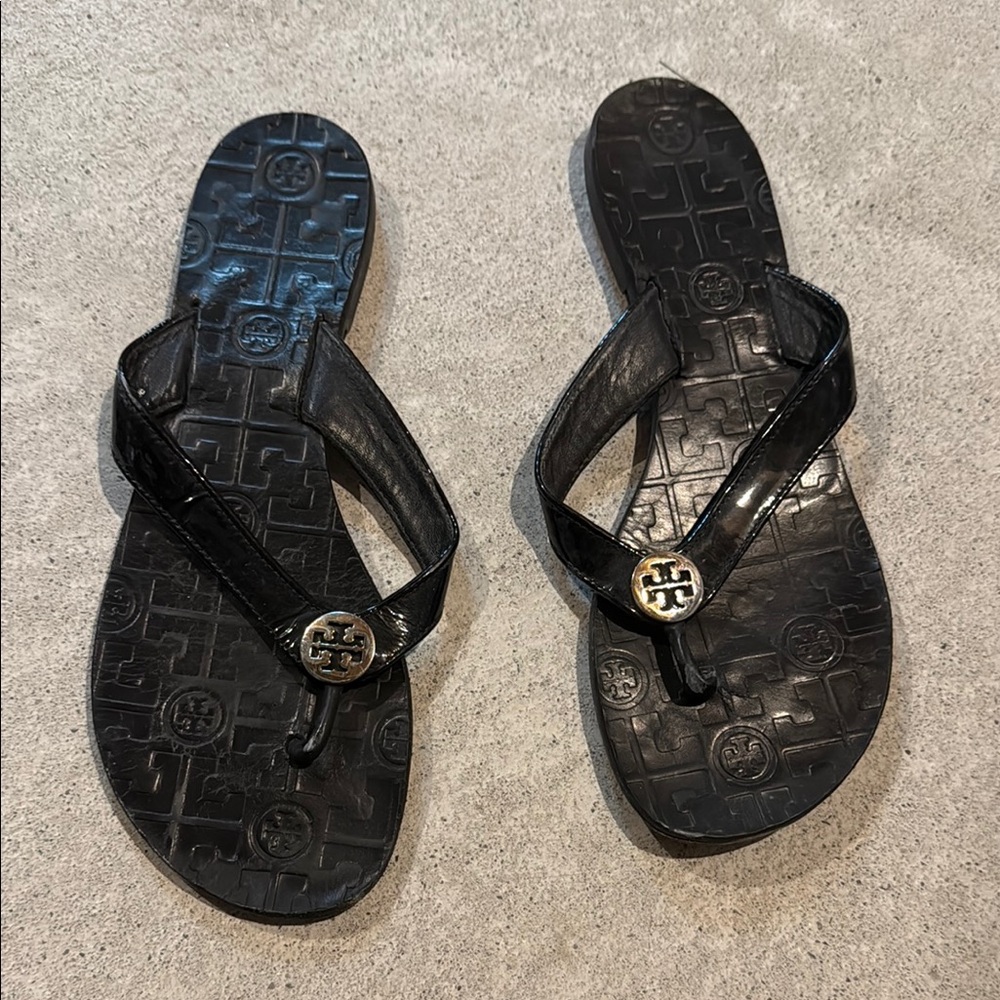 Tory Burch Black Logo Flip Flops